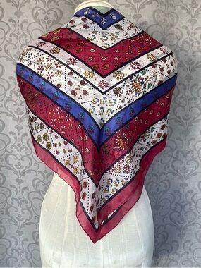 Vintage Cacharel Paris Silk Scarf Floral Concentric Square Print Red/Blue